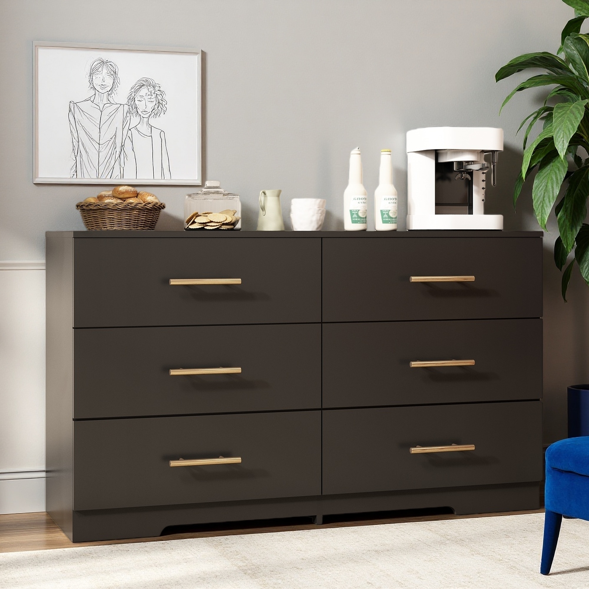 Large MDF/Particleboard 6-Drawer Dresser with Gold Handles