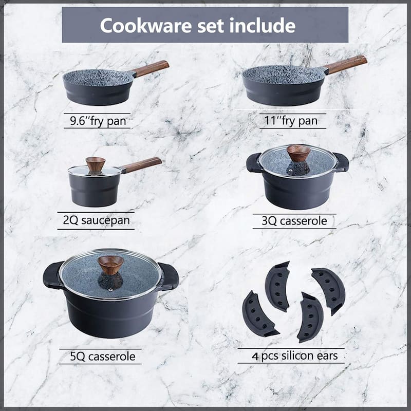 Kitchen Academy 12-Piece Nonstick Granite Stone Cookware Pots and Pans Set with 4 PC Silicone Hot Handle Holder, Induction Set