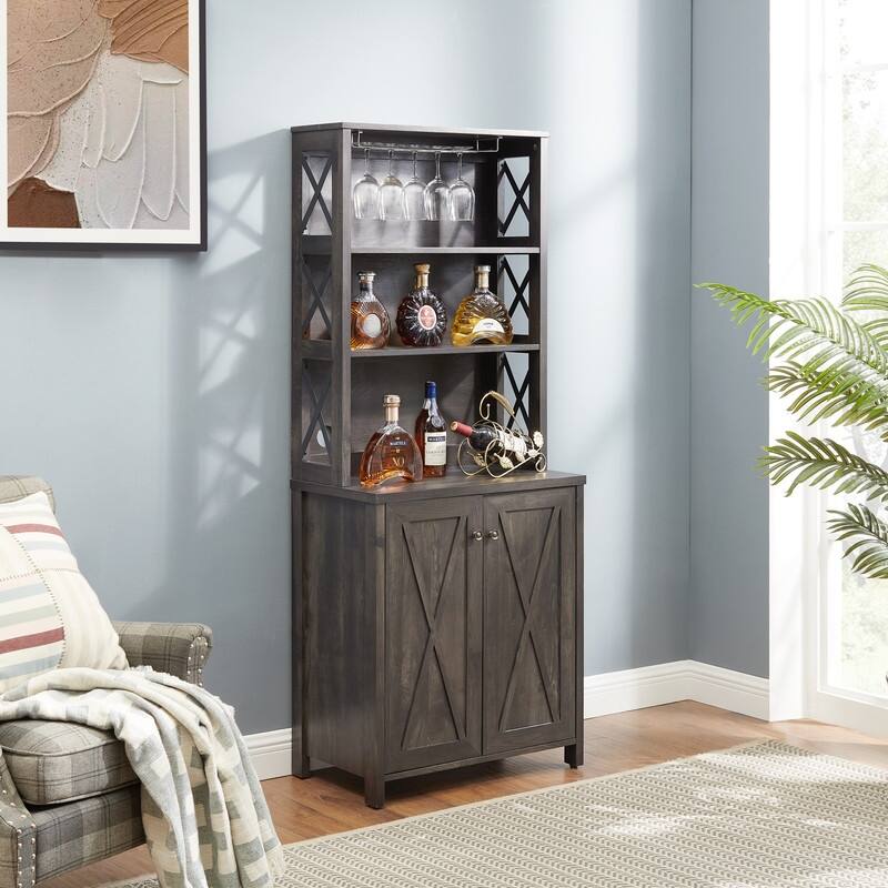 Farmhouse Style Wood Tall Bar Cabinet with Wine Fridge,Kitchen Cabinet Storage Pantry