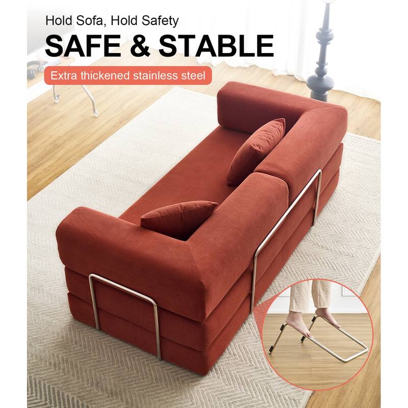 Modular Convertible Sleeper Sofa Bed, Corduroy Fabric Compression Sofa, Floor-Standing Sofa Bed with Armrests & Backrest