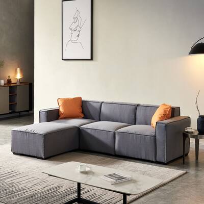 102" L Shaped Modular Sectional Sofa with Convertible Ottoman Chaise & 2 Pillows, Linen Fabric 4-Seat Couch Sofa for Living Room
