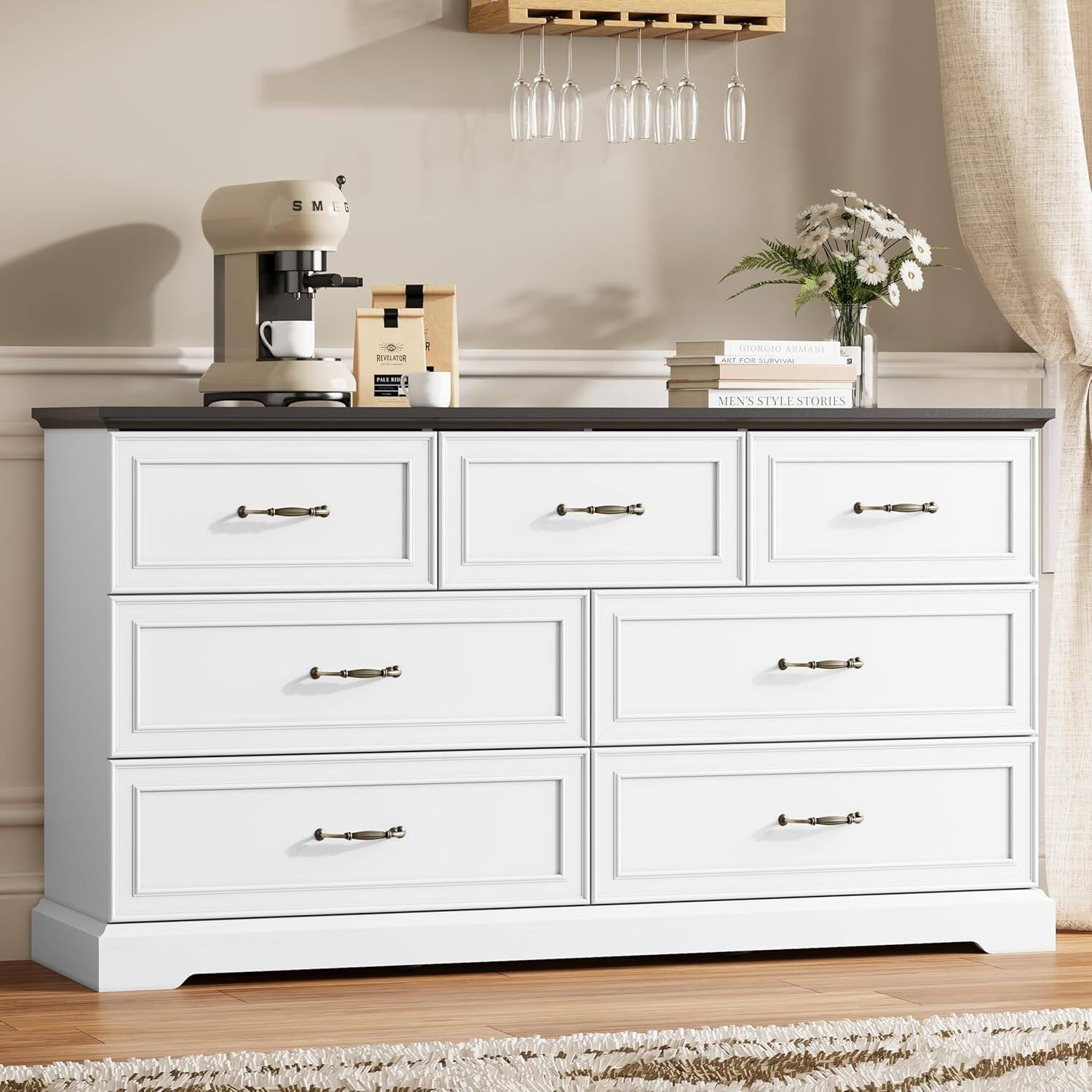 57-inch Wide 7-Drawer Rustic Farmhouse Dresser with Metal Handles, White