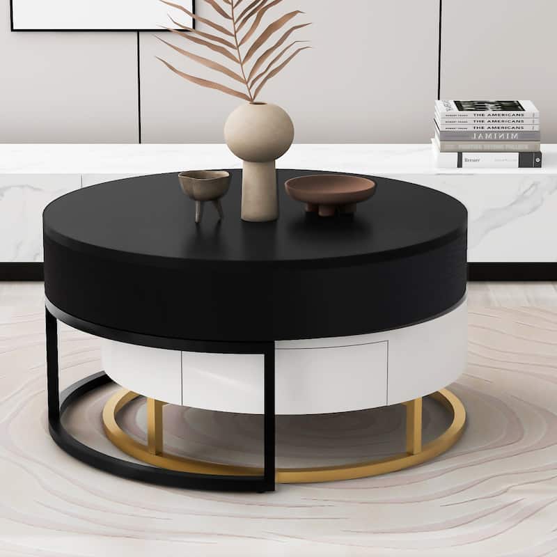 Modern Round Lift-top Nesting Coffee Tables with 2 Drawers - Black