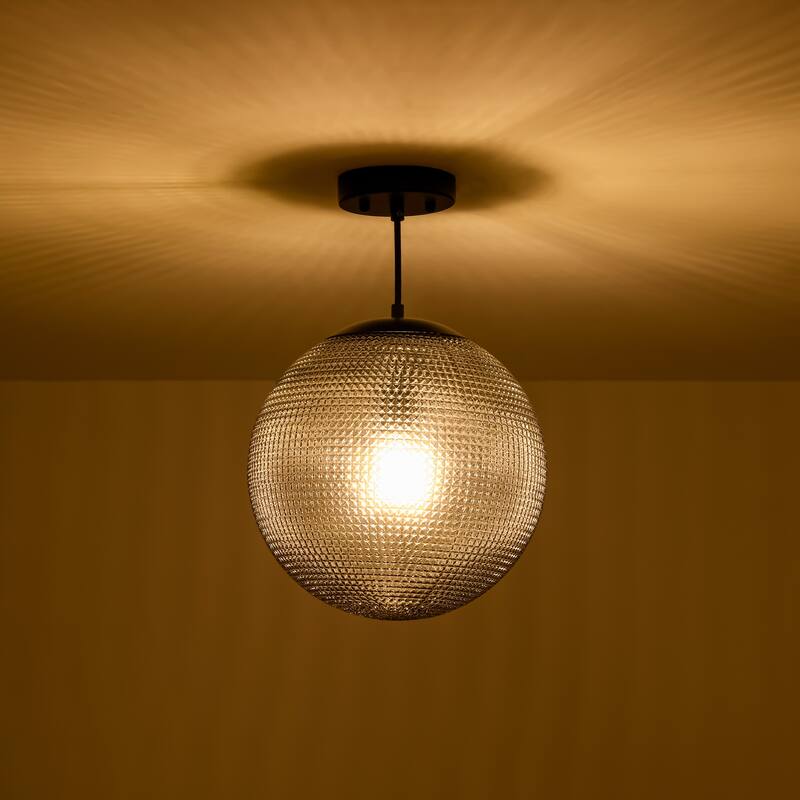 1-Light Modern Indoor Matte Black Finish Kitchen Island Pendant Lights with Globe Diamond Textured Grey/Clear Glass Shade