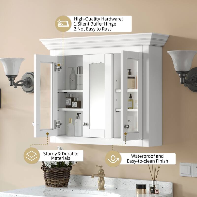 GDFStudio - Belfair Modern 2-in-1 Wall-Mounted Bathroom Medicine Cabinet with Mirror and 5 Closed & Adjustable Shelves - 35.03"W