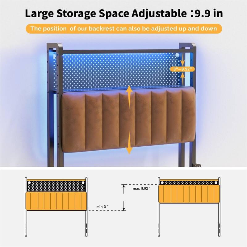 Adjustable Upholstered Headboard with 2 Tier Shelves with Charging Stations and LED Lights, Modern Bed Headboard with Storage