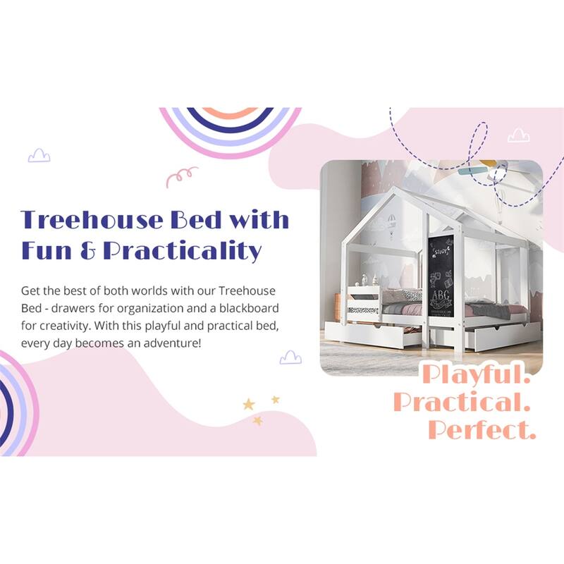 Twin House Bed with Blackboard and Drawers, Two Assembly Options