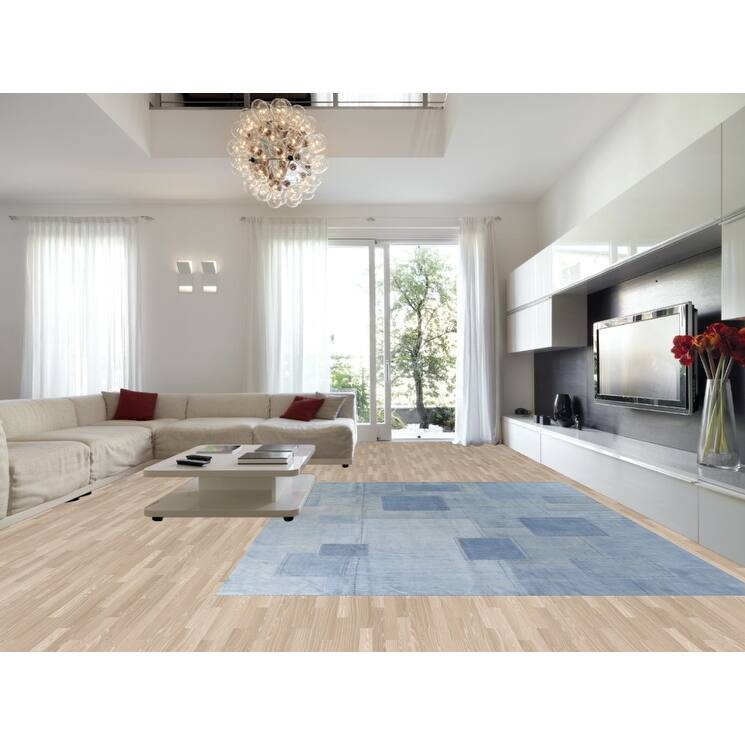 Blue Geometric Kilim Turkish Area Rug Hand-Woven Silk Carpet - 9'10"x 12'11"