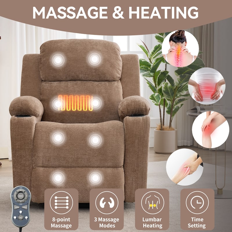 Chenille Power Lift Recliner Chair, Heavy Duty Recliner Chair with Heat & Massage, Lounge Chair with USB Ports & Cup Holders