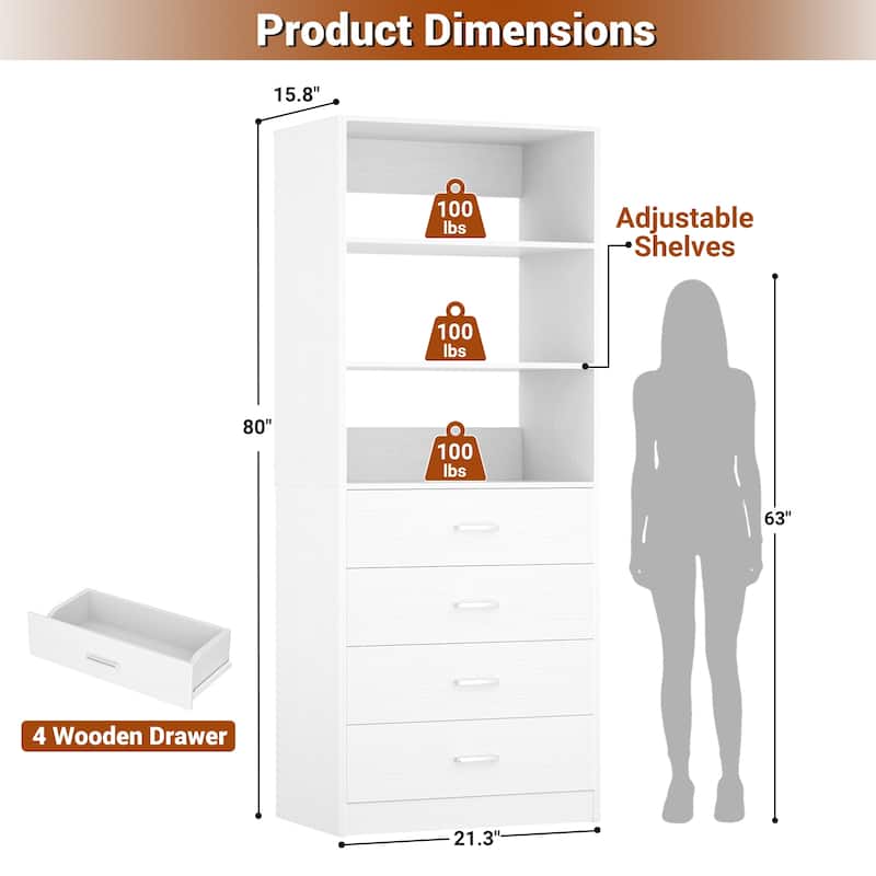 Freestanding Closet Organizer with 4 Drawers and 4 Shelves, Wooden Closet System for Walk-in Closet