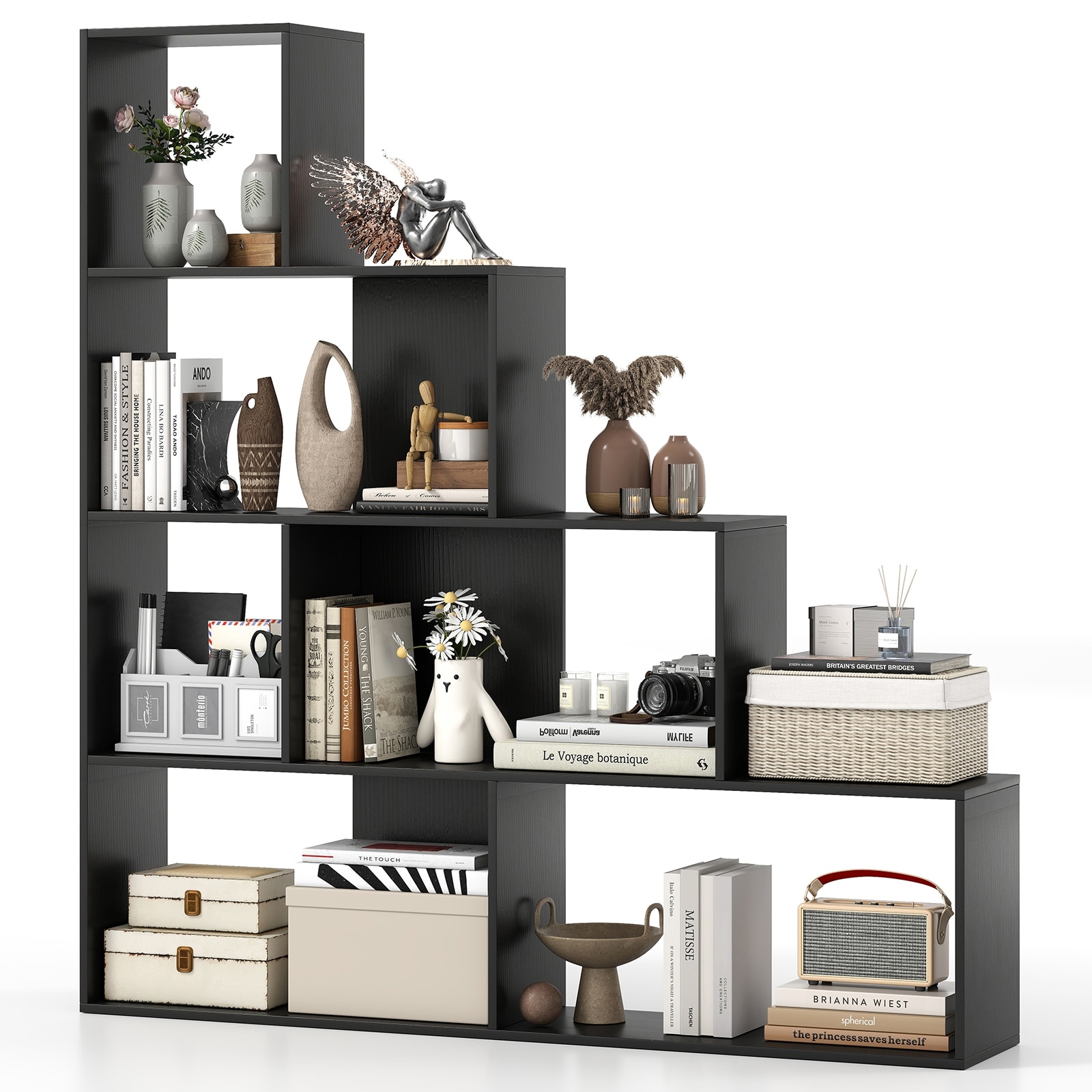 Gymax 4-Tier Bookshelf w/ 6 Storage Cubes 64'' Tall Modern Geometric