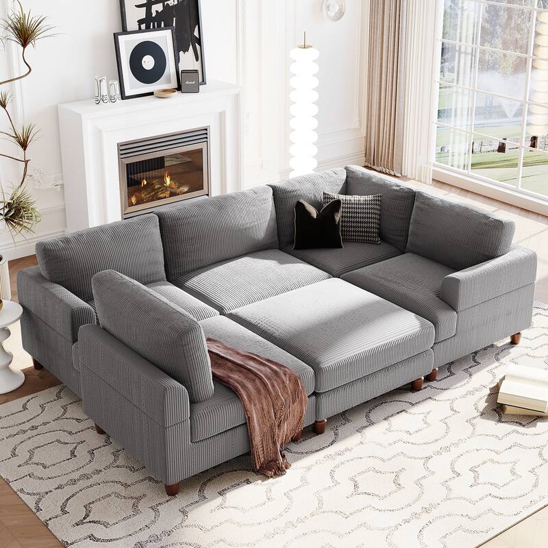 Corduroy Modular Sectional Sofa with Ottoman, Convertible to Bed, DIY