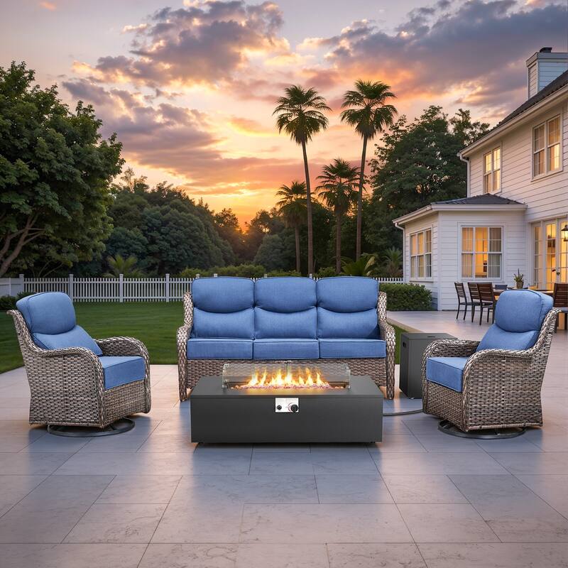 Pocassy 43" Fire Pit w/ Outdoor Sofa Swivel Chair Ottoman Set - Brown Wicker Blue Cushion - 4PCS Fire Table w/ 6-In Cushion Sofa Swivel Chair