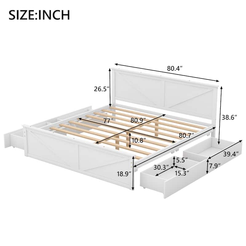 Queen/King Size Wooden Platform Bed with 4 Storage Drawers and Support Legs, Modern Bed Frame with Headboard and Footboard