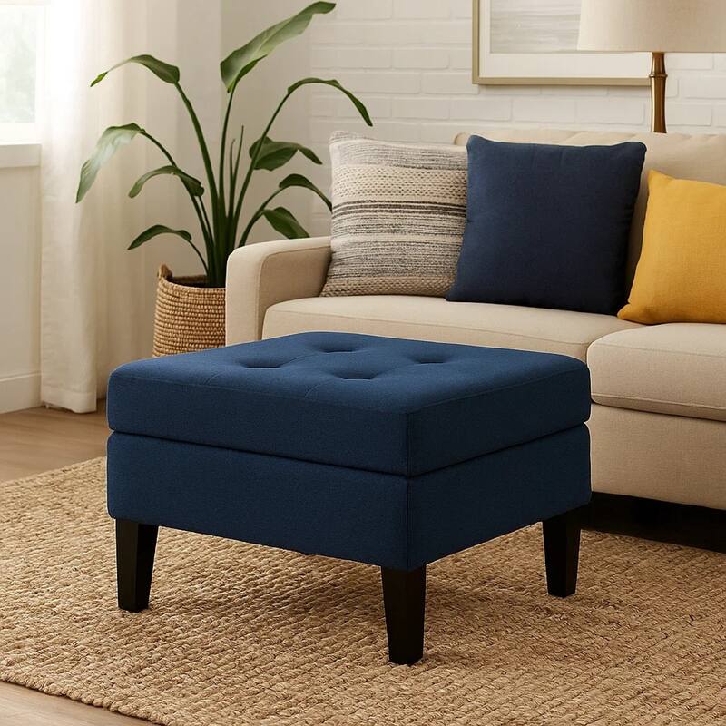 Voil Storage Ottoman, 28 Inch, Navy Blue Fabric, Tapered Wood Legs