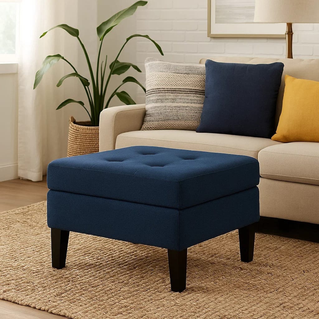 Voil Storage Ottoman, 28 Inch, Navy Blue Fabric, Tapered Wood Legs