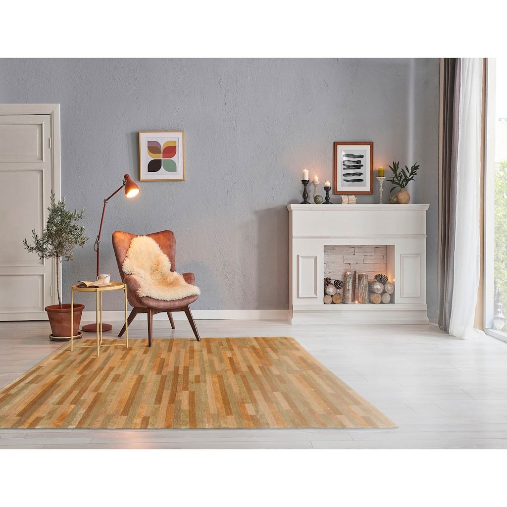 Hand Knotted Stripes Gold Wool & Silk Modern Oriental Area Rug - 3' x 4' 10''