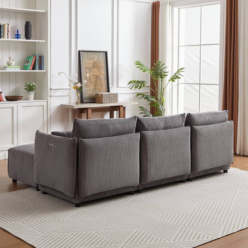 Multi-Module Combination Style Modern Minimalist Corduroy Combination Sofa with 2 Comfort Cushions with USB & C Charging Port