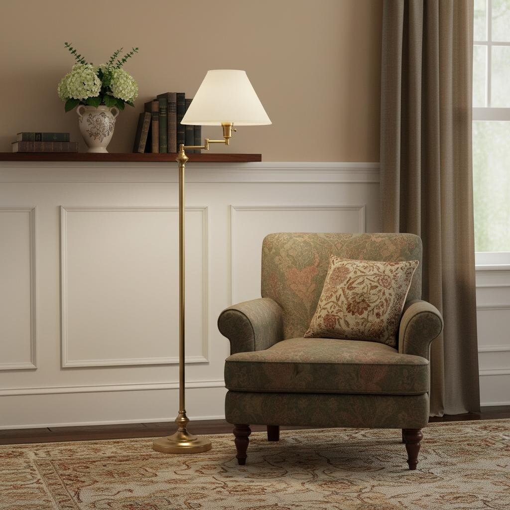HomeRoots 59" Bronze Metal Swing Arm Floor Lamp With Beige Fabric Empire Shade - 59" x 22.75" x 16"