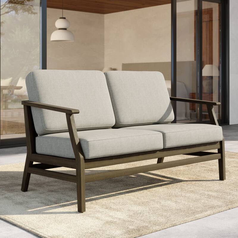 Outdoor Teak Wood Loveseat Sofa with Water-Resistant Cushions - NaturalFrame-Light Camel