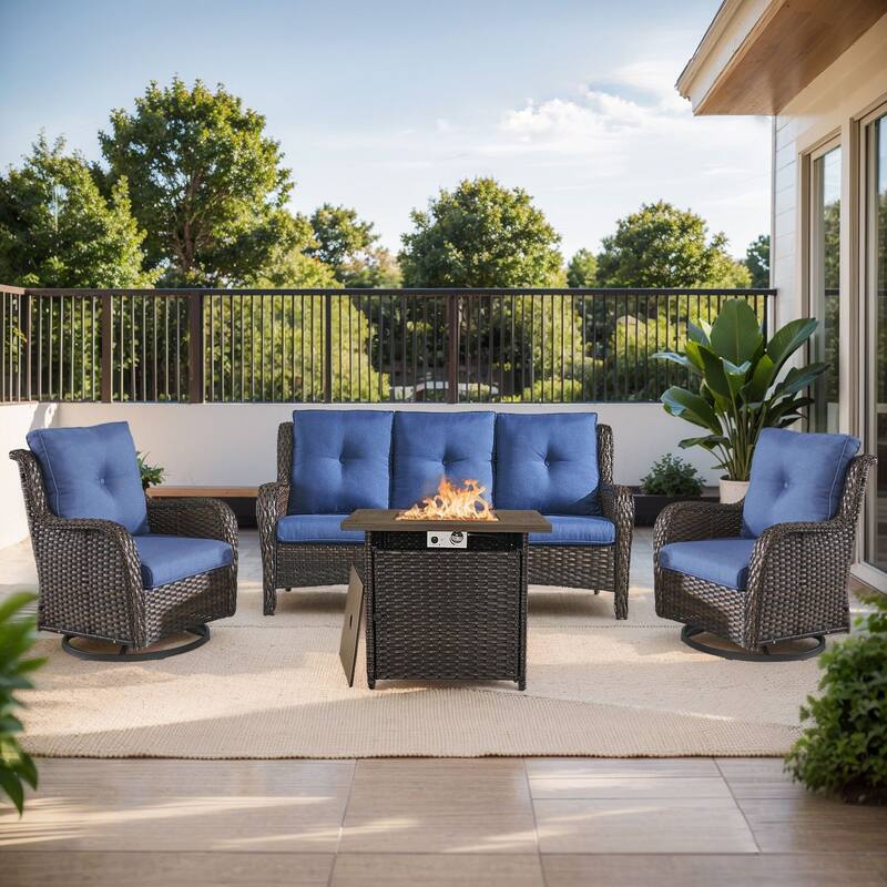 Gymojoy 4-Piece Outdoor Furniture Set, 2 Swivel Glider Chairs, 3-Seat Sofa & 55K BTU Fire Pit Table - Brown Wicker / Blue Cusion - 4-Piece