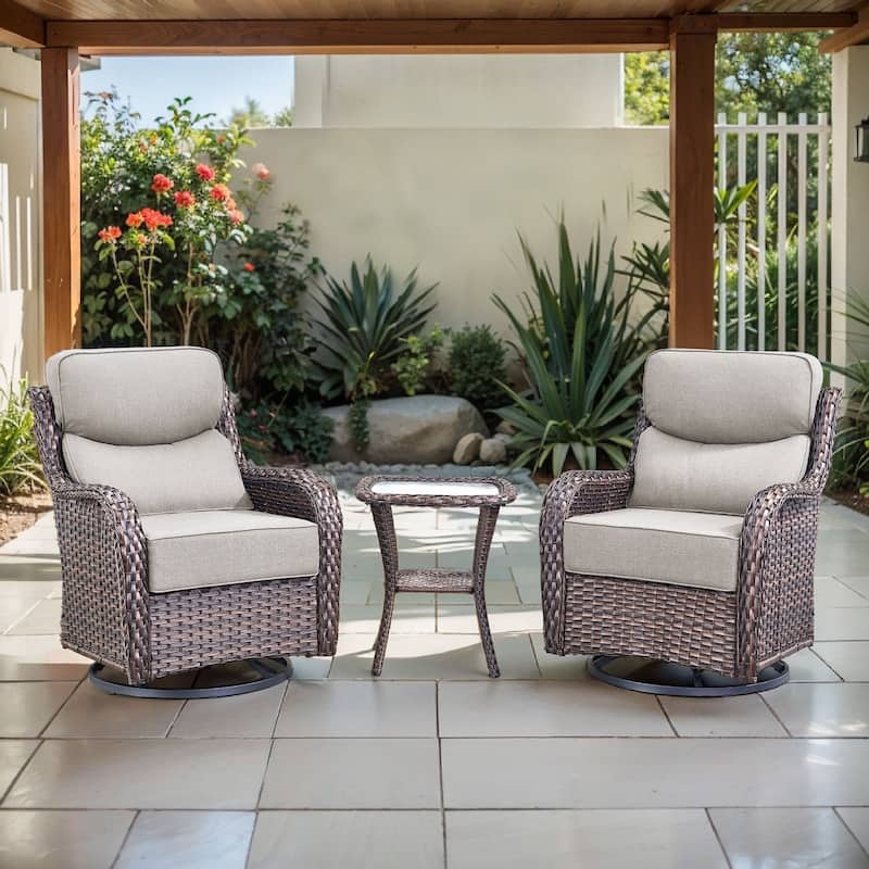 Arcadia 3-Piece Wicker Patio Swivel Glider Chairs with 6-Inch Thick Cushions and Side Table
