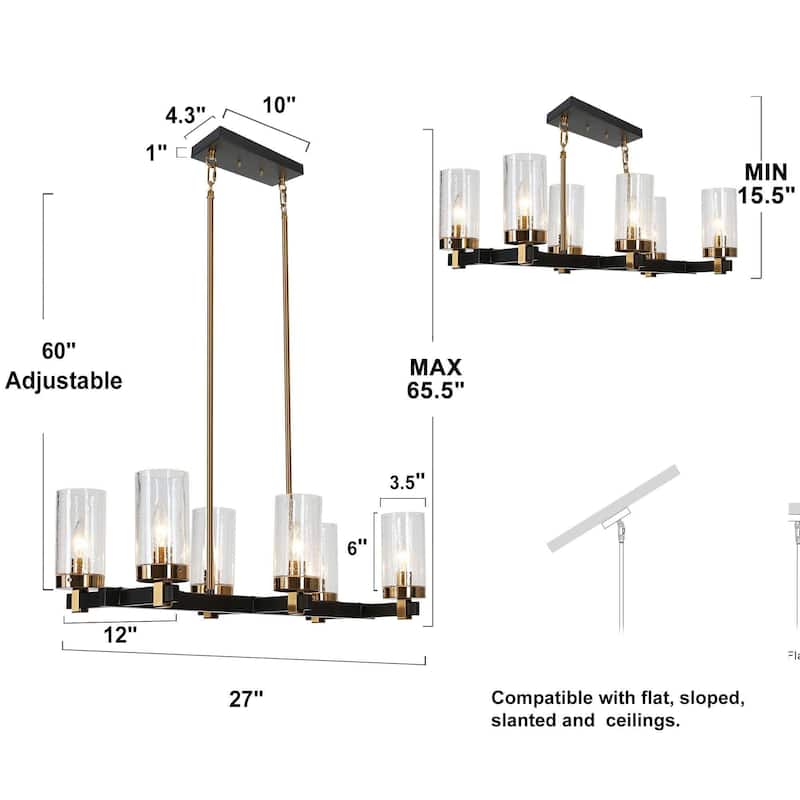 Modern Farmhouse 6-Light Black Gold Chandelier Linear Glass Island Lights for Dining Room