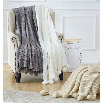 Modern Threads Knitted Bed Sofa Throw With Pom Poms