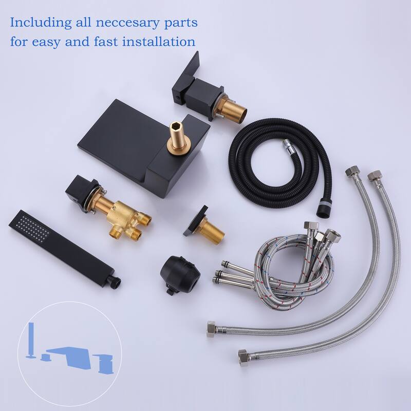 Double-Handle Deck Mounted Roman Waterfall Tub Faucet with Handshower for Bathroom