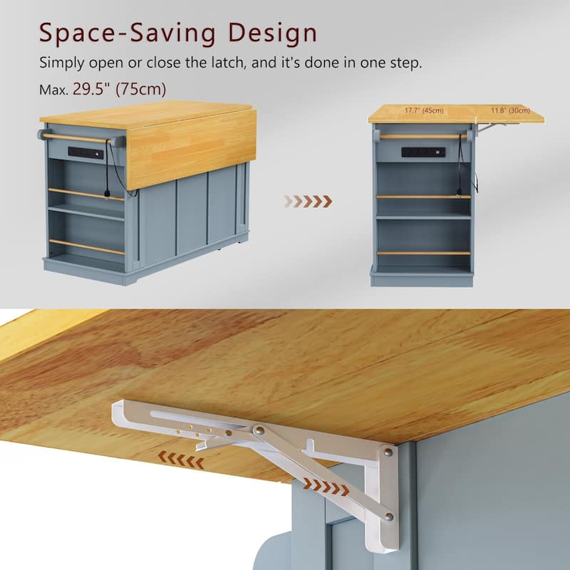 Large Kitchen Island with Drop Leaf,Power Outlet,Door Internal Storage Rack,3 Drawers(Not include bar stools) - N/A