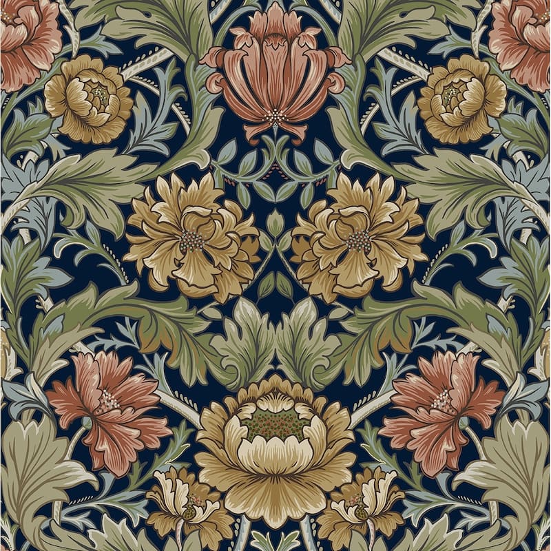 Harry & Grace Acanthus Floral Cameo Peel and Stick Wallpaper - 20.5 in W x 18 ft. L - Dark Blue
