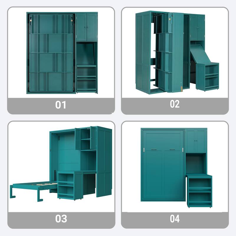 Twin Size Rotating Murphy Wall Bed with Bookshelf, Top Cabinet, Modern Foldable Cabinet Bed with Extendable Desk, Side Storage