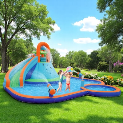 Inflatable Water Slide Bounce House with 2 Pools & Water Cannons, Kids Outdoor Water Park with Slide, Large Backyard Playset