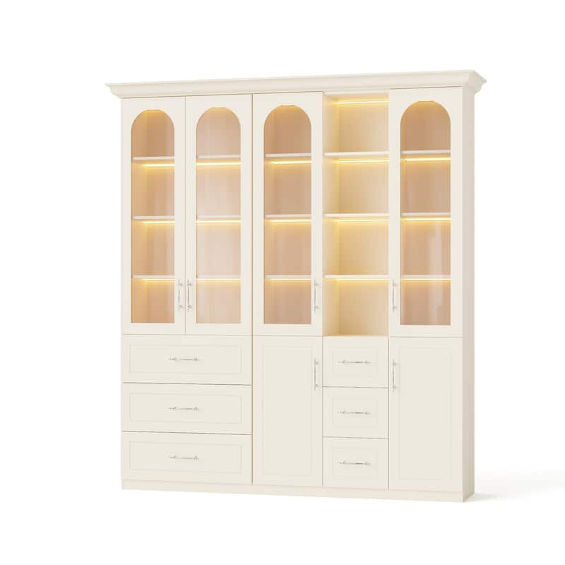 Modular Bookcase with LED Lights, Glass Door Storage Cabinet with Drawers, Large Display Shelving Unit Sideboard