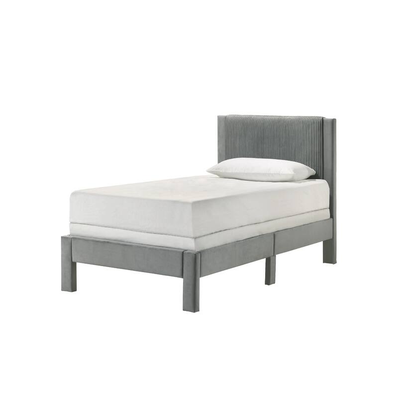 Cery Twin Size Platform Bed, Light Gray Upholstery, Textured Headboard
