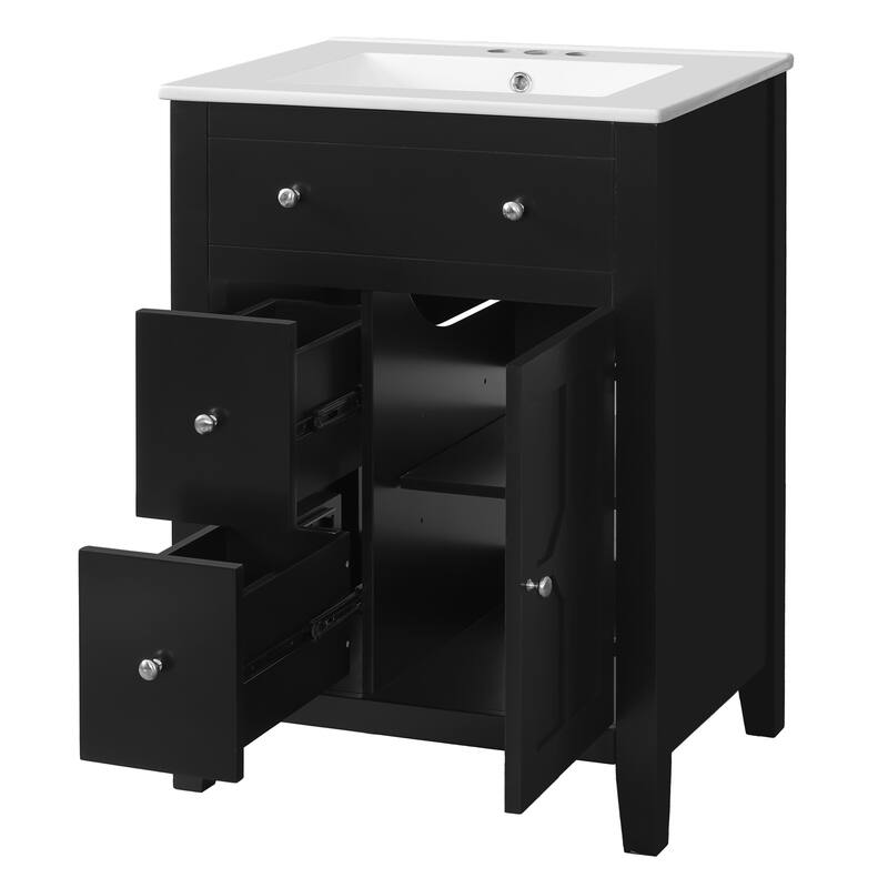 GDFStudio - Merivale Modern Bathroom Vanity with Ceramic Sink and 2 Soft-Closing Storage Drawers - 24'W