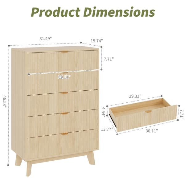 Fluted 5 Drawer Dresser for Bedroom, Modern Wooden Storage Chest with ...