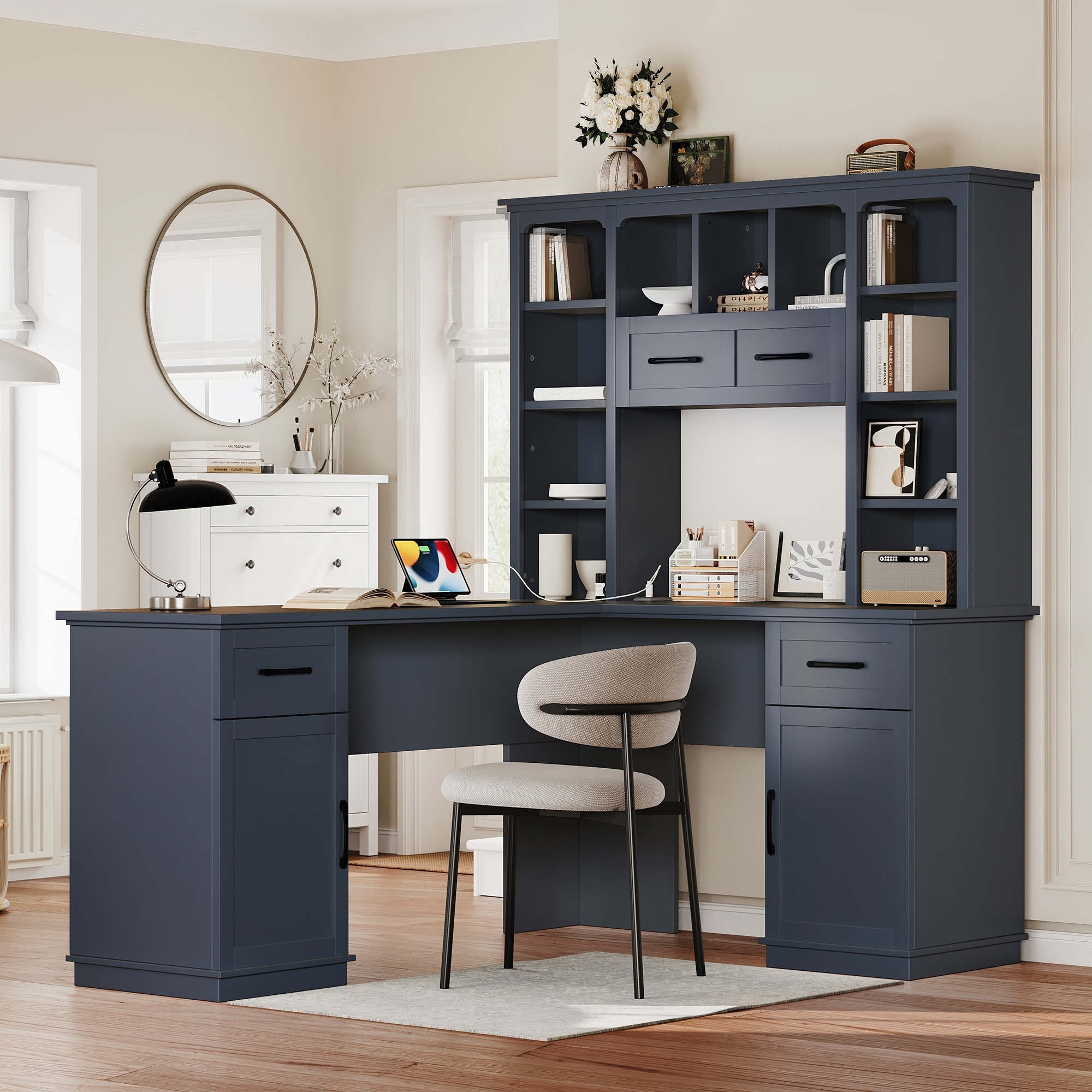 L-Shaped Computer Desk with 2 Cabinets and 2 Drawers, 11 Open Shelves, with Power Outlet, for Study, Living Room and Office