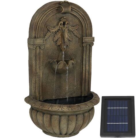 27"H Solar-Powered Polystone Florence Outdoor Wall-Mount Water Fountain, Florentine Stone Finish