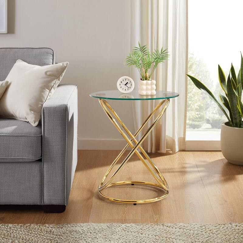 Tempered Glass Round Side/End Table with Metal Legs - 19.7"Dia Top x 21.7"H x 15.6"Dia Base
