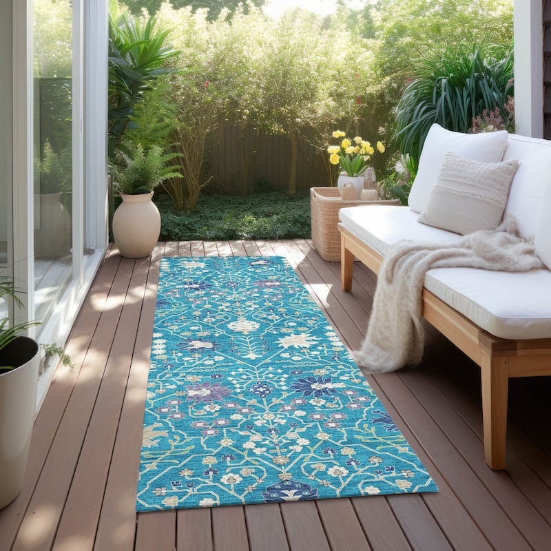 Machine Washable Indoor/ Outdoor Global Traditional Chantille Rug - Teal - 2'3" x 7'6"