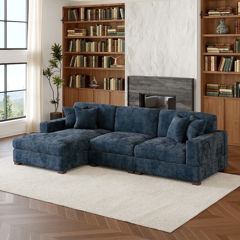 Modern Oversized Chenille Modular Sectional Sofa With Chaise - Blue/3 Piece - Left Facing