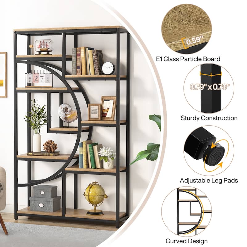 Industrial Etagere Bookcase with 8-Open Storage Shelf, Tall Geometric Book Shelves