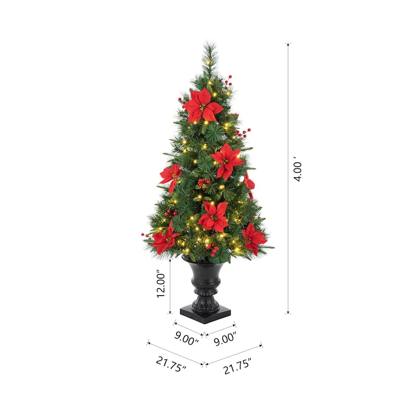 Glitzhome 4ft/5ft Pre-Lit Pine Artificial Christmas Potted Trees with Warm White Lights and Poinsettia Home Porch Decoration