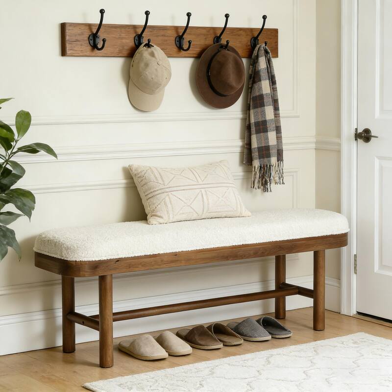 55-Inch Upholstered Entryway Bench, Solid Wood Shoe Bench