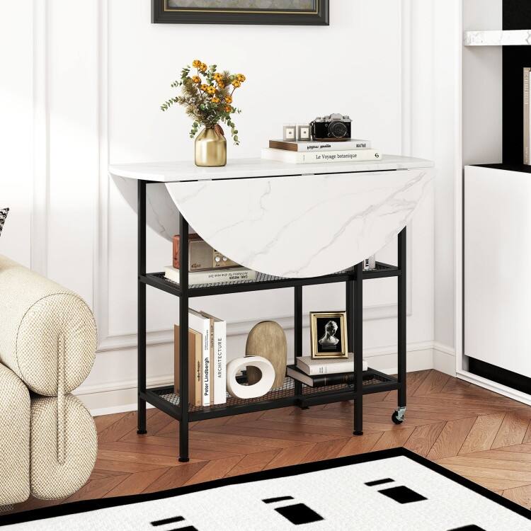 Foldable Round Dining Table with Storage Shelves for Small Spaces - 40" x 32"