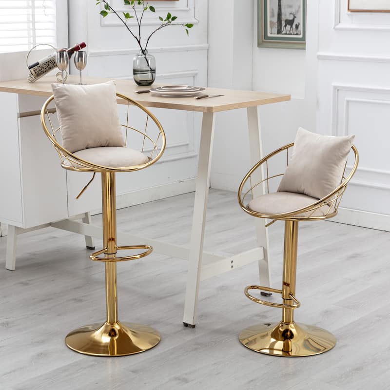 Adjustable Height Swivel Bar Stools Set of 2 with Velvet Padded Seat, Weave Shape Back, Gold Plated Base and Non-slip Pads