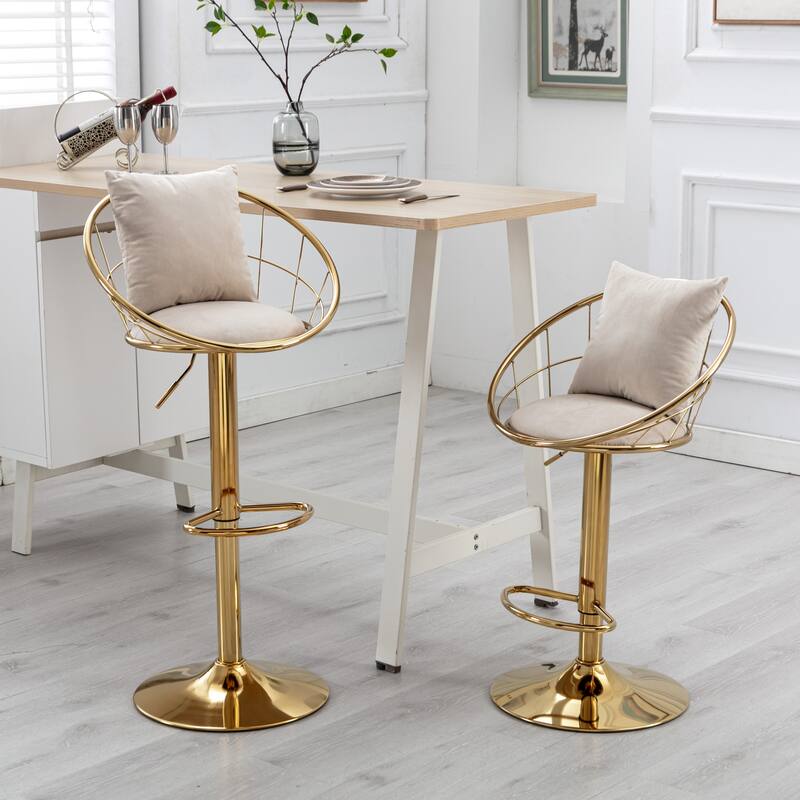 Velvet Swivel Bar Stools Set of 2, Upholstered Kitchen Island Stools with Back and Footrest, Counter Barstools with Pillow - Off White