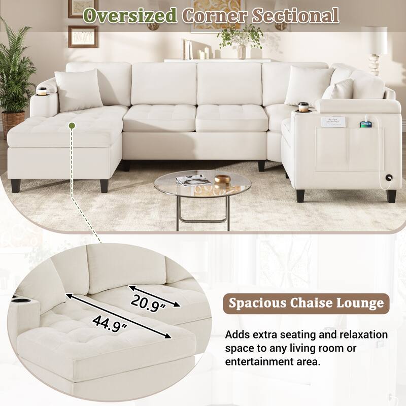 Oversized Corner Sectional, Modern U-Shaped Sectional Sofa with Built-in Storage Boxes and Dual Cup Holders, USB Ports, Pockets