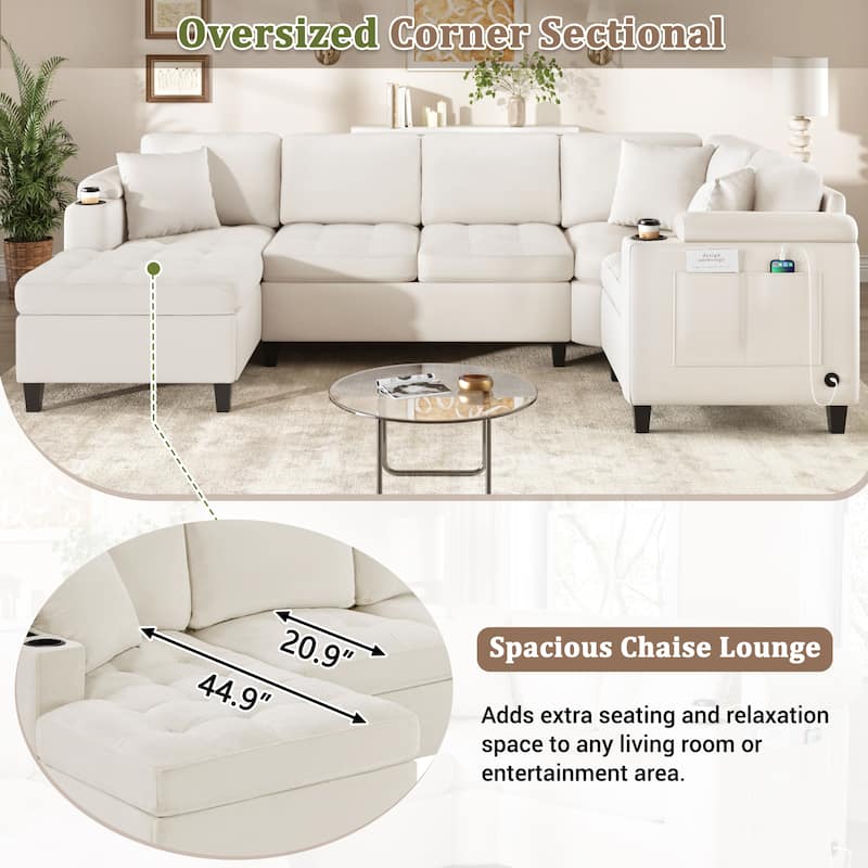 Roomfitters 115.7-Inch Modern U-Shaped Oversized Sectional Sofa, Corner Living Room Couch with Built-In Cup Holders